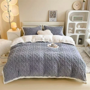 Set Lenjerie de Pat Cocolino Premium, 4 Piese, Model Tricotat, Gri Deschis