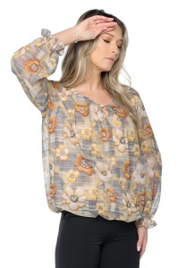 Bluza dama cu imprimeu 924, mâneci lungi vaporoase, Galben-Bej - Img 6