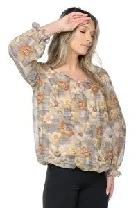 Bluza dama cu imprimeu 924, mâneci lungi vaporoase, Galben-Bej - Img 6