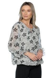 Bluza dama cu imprimeu 924, mâneci lungi vaporoase, Gri-Negru - Img 5