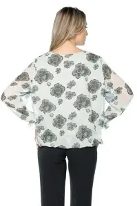 Bluza dama cu imprimeu 924, mâneci lungi vaporoase, Ivoire-Kaki - Img 6