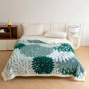 Patura Cocolino Dubla cu Blanita, Model Floral, 200 x230 cm, Verde