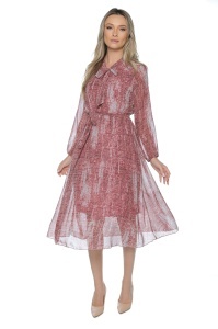 Rochie dama midi 953, vaporoasa, cu imprimeu discret, maneci lungi și cordon în talie, Rosu-Roz - Img 3