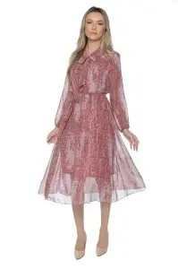 Rochie dama midi 953, vaporoasa, cu imprimeu discret, maneci lungi și cordon în talie, Rosu-Roz - Img 3