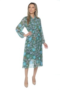 Rochie dama midi 953, vaporoasa, cu imprimeu discret, maneci lungi și cordon în talie, Verde-Albastru - Img 2