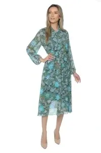Rochie dama midi 953, vaporoasa, cu imprimeu discret, maneci lungi și cordon în talie, Verde-Albastru - Img 2