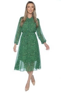 Rochie dama midi 953, vaporoasa, cu imprimeu discret, maneci lungi și cordon în talie, Verde - Img 2