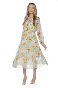 Rochie dama midi 953, vaporoasa, cu imprimeu discret, maneci lungi și cordon în talie, Crem-Portocaliu - Img 2