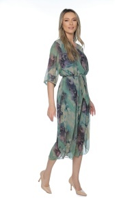Rochie dama midi 980-B, vaporoasa, cu imprimeu floral, cordon in talie și maneci lejere, Verde-Mov - Img 2