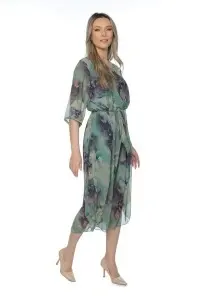 Rochie dama midi 980-B, vaporoasa, cu imprimeu floral, cordon in talie și maneci lejere, Verde-Mov - Img 2