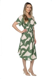 Rochie dama midi 980, imprimeu abstract, maneci scurte, cordon in talie, Kaki-Crem - Img 4