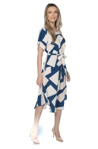 Rochie dama midi 980, imprimeu abstract, maneci scurte, cordon in talie, Albastru-Crem - Img 5