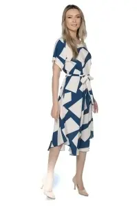 Rochie dama midi 980, imprimeu abstract, maneci scurte, cordon in talie, Albastru-Crem - Img 5