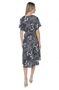 Rochie dama midi 980, imprimeu floral, maneci scurte, cordon in talie, Negru-Ivoire - Img 2