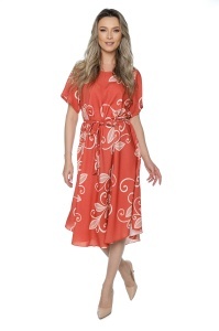 Rochie dama midi 980, imprimeu floral, maneci scurte, cordon in talie, Caramiziu-Crem - Img 5