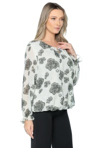 Bluza dama cu imprimeu 924, mâneci lungi vaporoase, Ivoire-Kaki - Img 3
