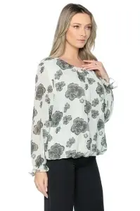 Bluza dama cu imprimeu 924, mâneci lungi vaporoase, Ivoire-Kaki - Img 3