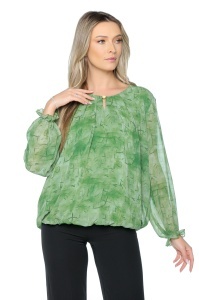 Bluza dama cu imprimeu 924, mâneci lungi vaporoase, Verde