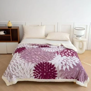 Patura Cocolino Dubla cu Blanita, Model Floral, 200 x230 cm, Lila