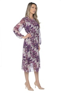Rochie dama midi 953, vaporoasa, cu imprimeu discret, maneci lungi și cordon în talie, Mov-Gri - Img 4
