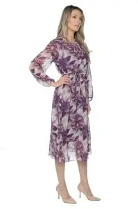Rochie dama midi 953, vaporoasa, cu imprimeu discret, maneci lungi și cordon în talie, Mov-Gri - Img 4