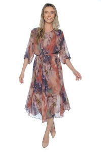 Rochie dama midi 980-B, vaporoasa, cu imprimeu floral, cordon in talie și maneci lejere, Mov-Roz - Img 2