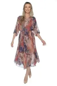 Rochie dama midi 980-B, vaporoasa, cu imprimeu floral, cordon in talie și maneci lejere, Mov-Roz - Img 2