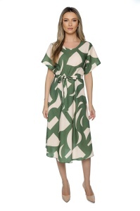 Rochie dama midi 980, imprimeu abstract, maneci scurte, cordon in talie, Kaki-Crem