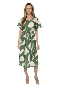 Rochie dama midi 980, imprimeu abstract, maneci scurte, cordon in talie, Kaki-Crem