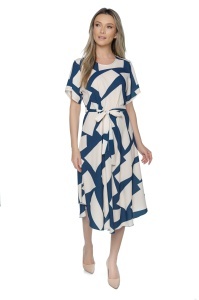 Rochie dama midi 980, imprimeu abstract, maneci scurte, cordon in talie, Albastru-Crem - Img 2