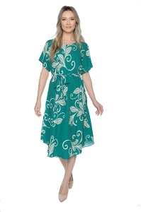 Rochie dama midi 980, imprimeu floral, maneci scurte, cordon in talie, Verde-Crem - Img 4