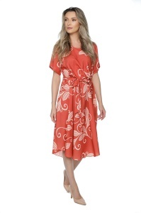 Rochie dama midi 980, imprimeu floral, maneci scurte, cordon in talie, Caramiziu-Crem - Img 2