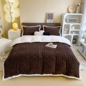 Set Lenjerie de Pat Cocolino Premium, 4 Piese, Model Tricotat, Maro