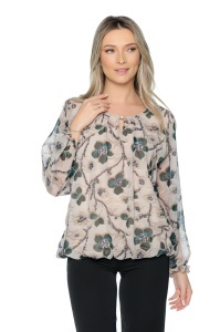 Bluza dama cu imprimeu 924, mâneci lungi vaporoase, Bej-Negru-Verde - Img 4