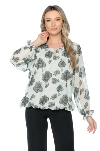 Bluza dama cu imprimeu 924, mâneci lungi vaporoase, Ivoire-Kaki