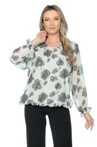 Bluza dama cu imprimeu 924, mâneci lungi vaporoase, Ivoire-Kaki