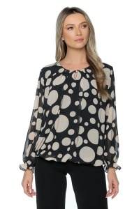 Bluza dama cu imprimeu 924, mâneci lungi vaporoase, Negru-Crem - Img 4