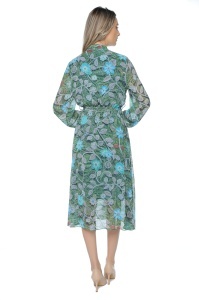 Rochie dama midi 953, vaporoasa, cu imprimeu discret, maneci lungi și cordon în talie, Verde-Albastru - Img 6