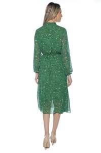Rochie dama midi 953, vaporoasa, cu imprimeu discret, maneci lungi și cordon în talie, Verde - Img 5