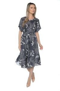 Rochie dama midi 980, imprimeu floral, maneci scurte, cordon in talie, Negru-Ivoire - Img 6