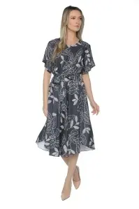 Rochie dama midi 980, imprimeu floral, maneci scurte, cordon in talie, Negru-Ivoire - Img 6