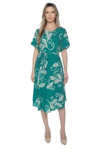 Rochie dama midi 980, imprimeu floral, maneci scurte, cordon in talie, Verde-Crem