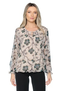 Bluza dama cu imprimeu 924, mâneci lungi vaporoase, Bej-Negru-Verde