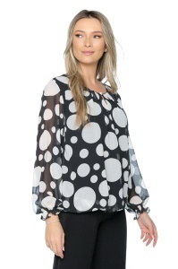 Bluza dama cu imprimeu 924, mâneci lungi vaporoase, Negru-Alb - Img 3