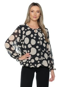 Bluza dama cu imprimeu 924, mâneci lungi vaporoase, Negru-Crem