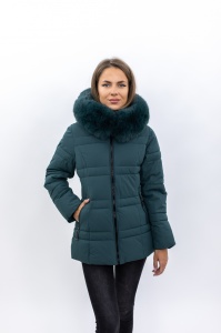 Geacă damă matlasată cu glugă și blană sintetică detașabilă 2319 - Verde Inchis
