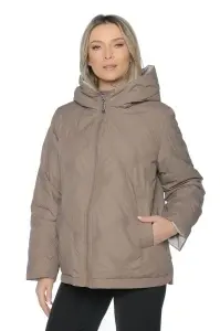 Geaca dama reversibila 2 fete, cu gluga, matlasata 2903, Maro Deschis-Crem