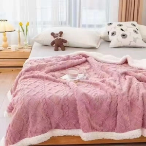 Pătură Cocolino cu Blăniță Uni, 200x230 cm, Model Tricotat , Roz