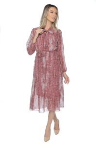 Rochie dama midi 953, vaporoasa, cu imprimeu discret, maneci lungi și cordon în talie, Rosu-Roz - Img 4