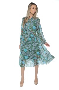 Rochie dama midi 953, vaporoasa, cu imprimeu discret, maneci lungi și cordon în talie, Verde-Albastru - Img 3